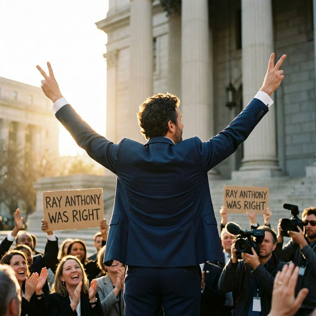 A man in a suit raising both hands in a V sign while a crowd cheers and a sign reads justice served